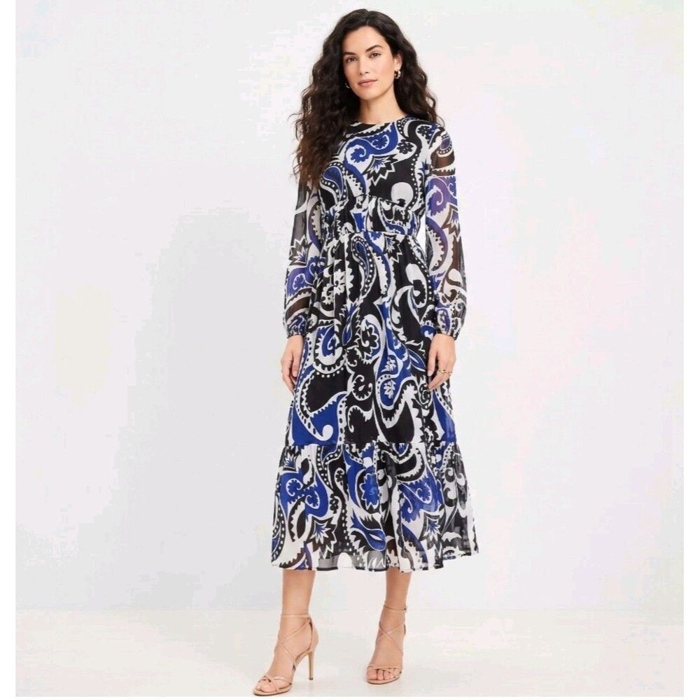 LOFT Dress Women's 4 Paisley Shirred Flounce Midi Blue Multi Romantic Chiffon